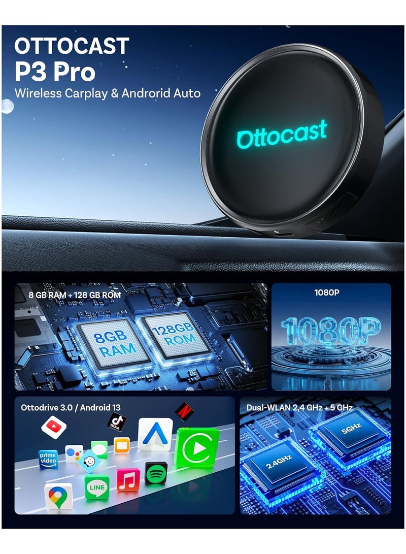 OTTOCAST P3 Pro AI Box Android 13 OttoDrive 3.0, Wireless CarPlay & Android Auto, AI Voice Assistant, Cloud SIM, Split Screen, HDMI Output, 8+128GB, Video Viewing YouTube, Netflix, Tiktok, - Image 2